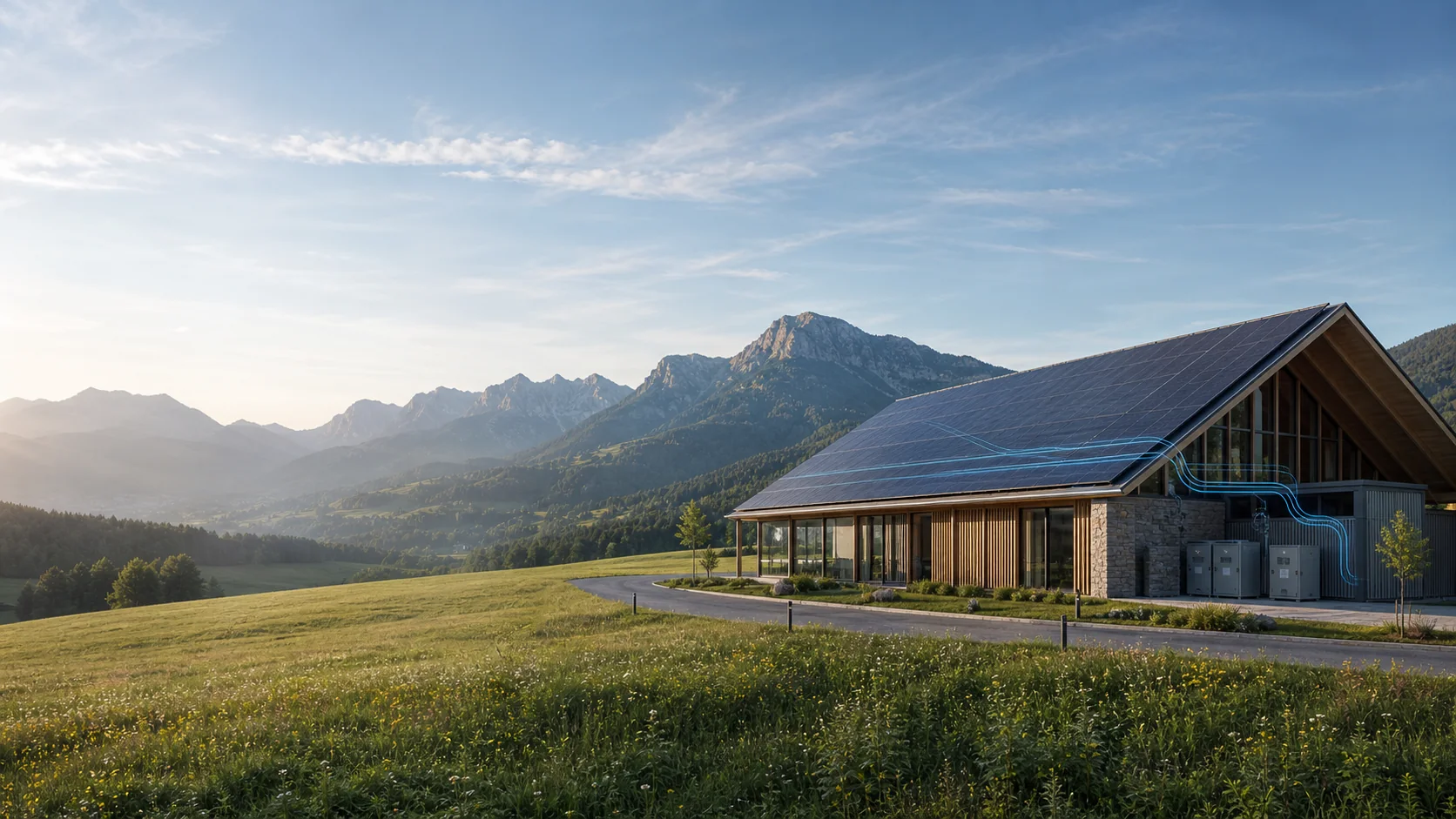 Photovoltaik-Anlagen, Speicher und Monitoring von MTM Technik in Tirol Photovoltaik-Module auf einem Dach vor Tiroler Bergpanorama – PV-Anlagen und Speichersysteme von MTM Technik