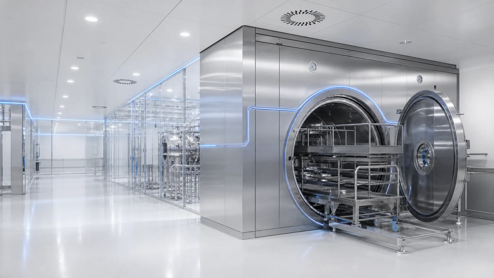 Sterilisationsanlage aus Edelstahl in einer Pharmaproduktion – Sterilisations- und Dekontaminationstechnik von MTM Technik